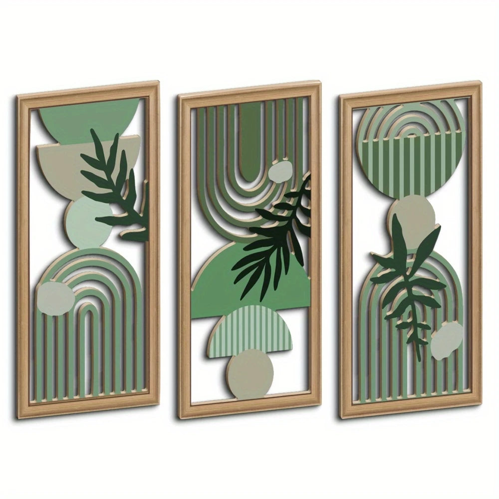Set of 3 Hollow Carved Wood Leaf Hanging Panels