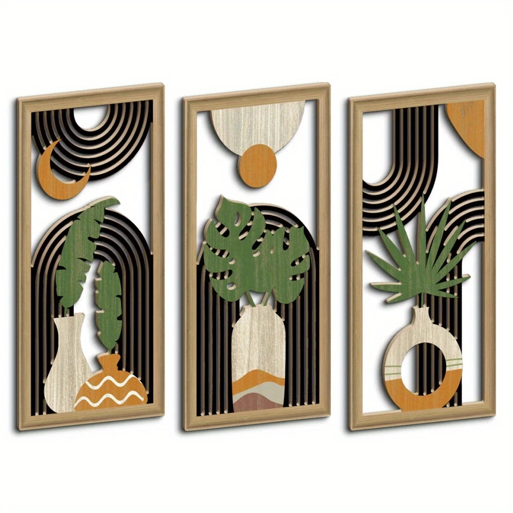 Set of 3 Hollow Carved Wood Leaf Hanging Panels