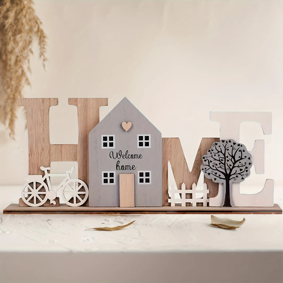 Wooden HOME Ornament with Cute House Bicycle & Tree