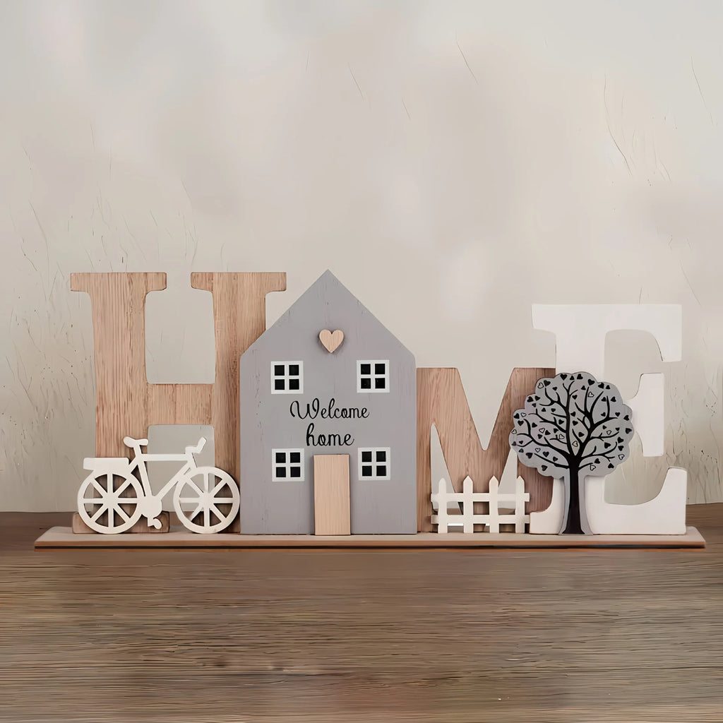 Wooden HOME Ornament with Cute House Bicycle & Tree