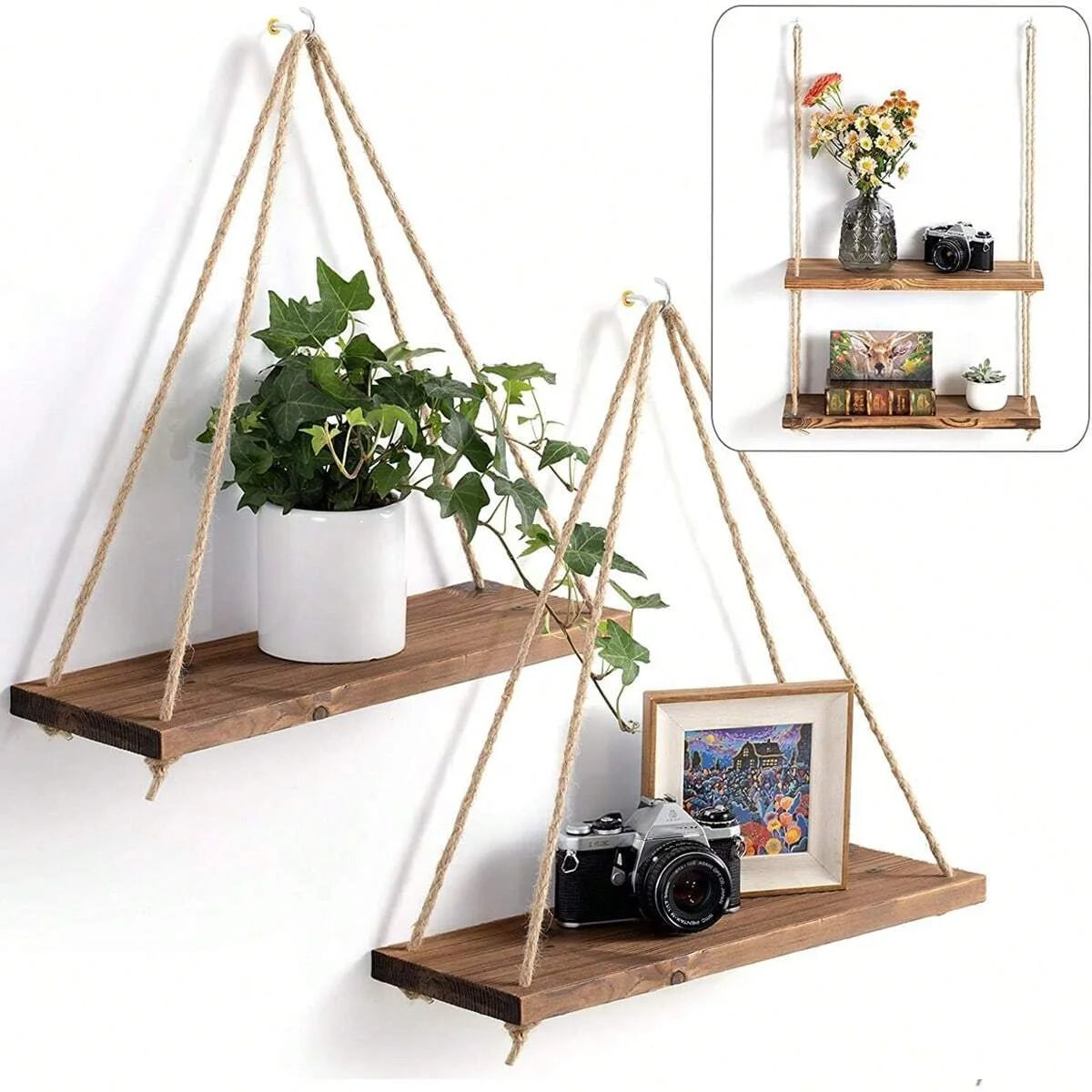 Wooden Swing Hanging Hemp Rope Shelve