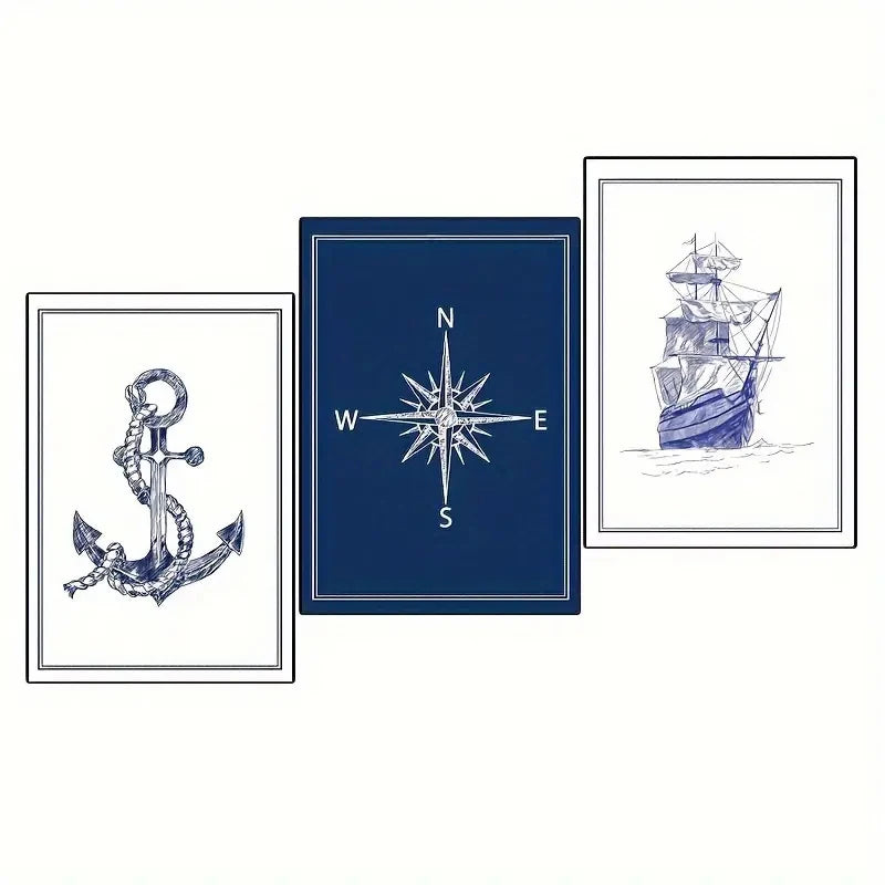 Lighthouse, Anchor & Compass Canvas Wall Art Set