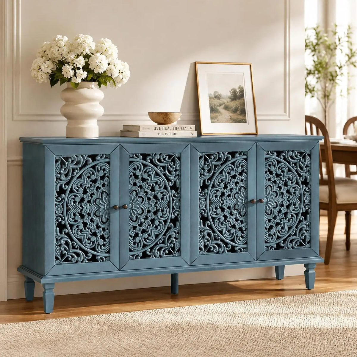 Farmhouse Storage Cabinet & Sideboard with Carved Doors & Shelves