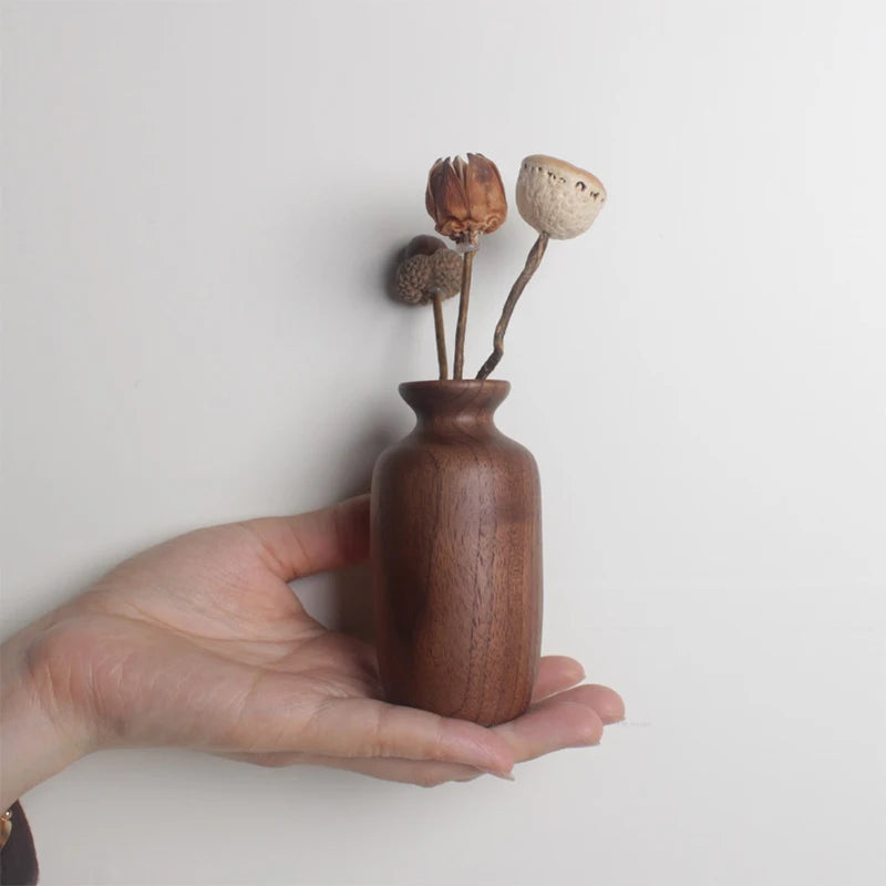 Handcrafted Walnut Wood Mini Vase — Minimalist Dried Flower Holder