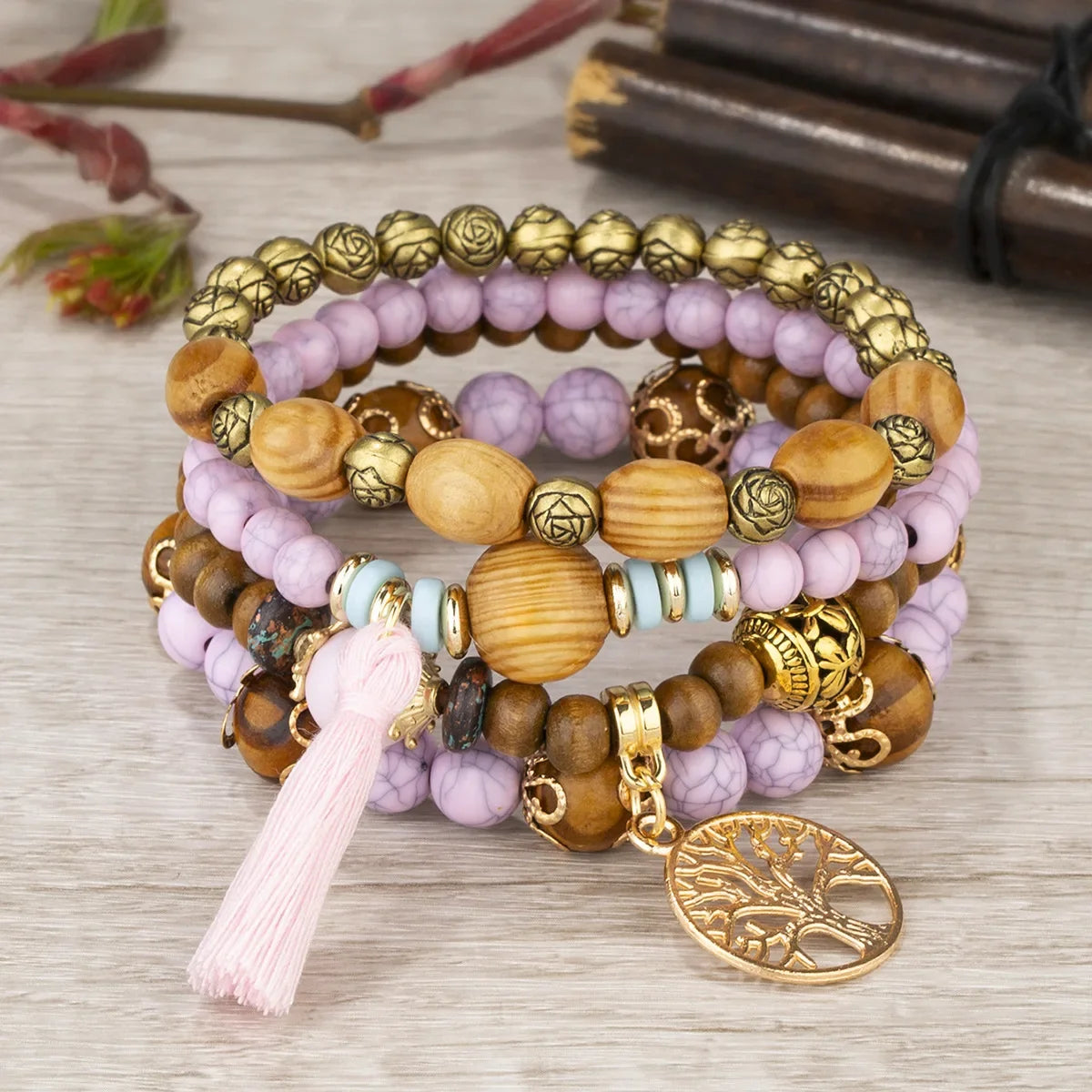 Tree of Life Wood Bead Bracelet