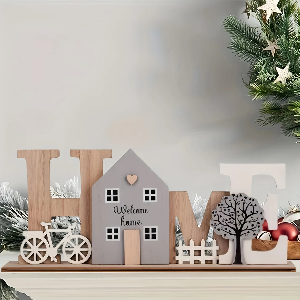 Wooden HOME Ornament with Cute House Bicycle & Tree