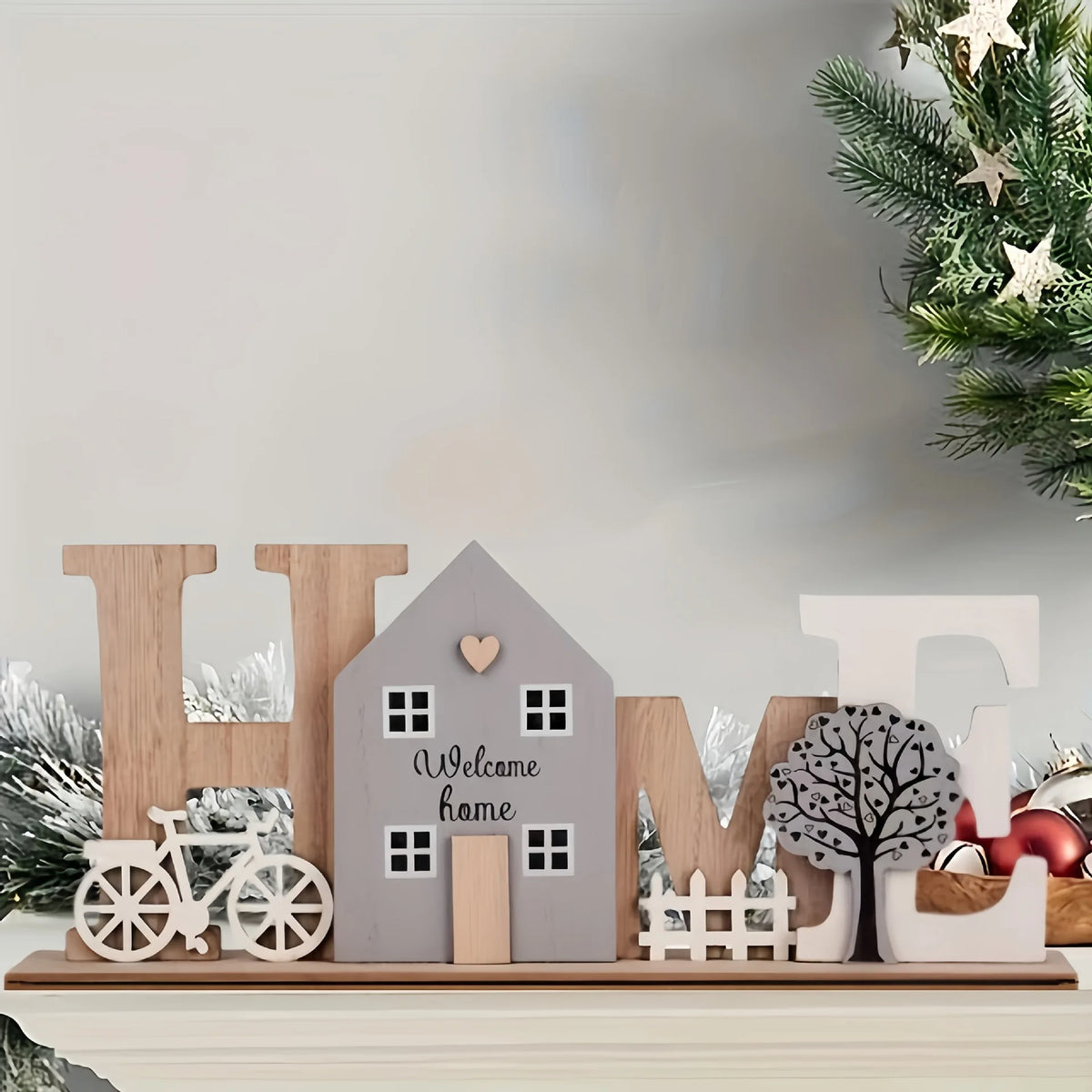Wooden HOME Ornament with Cute House Bicycle & Tree
