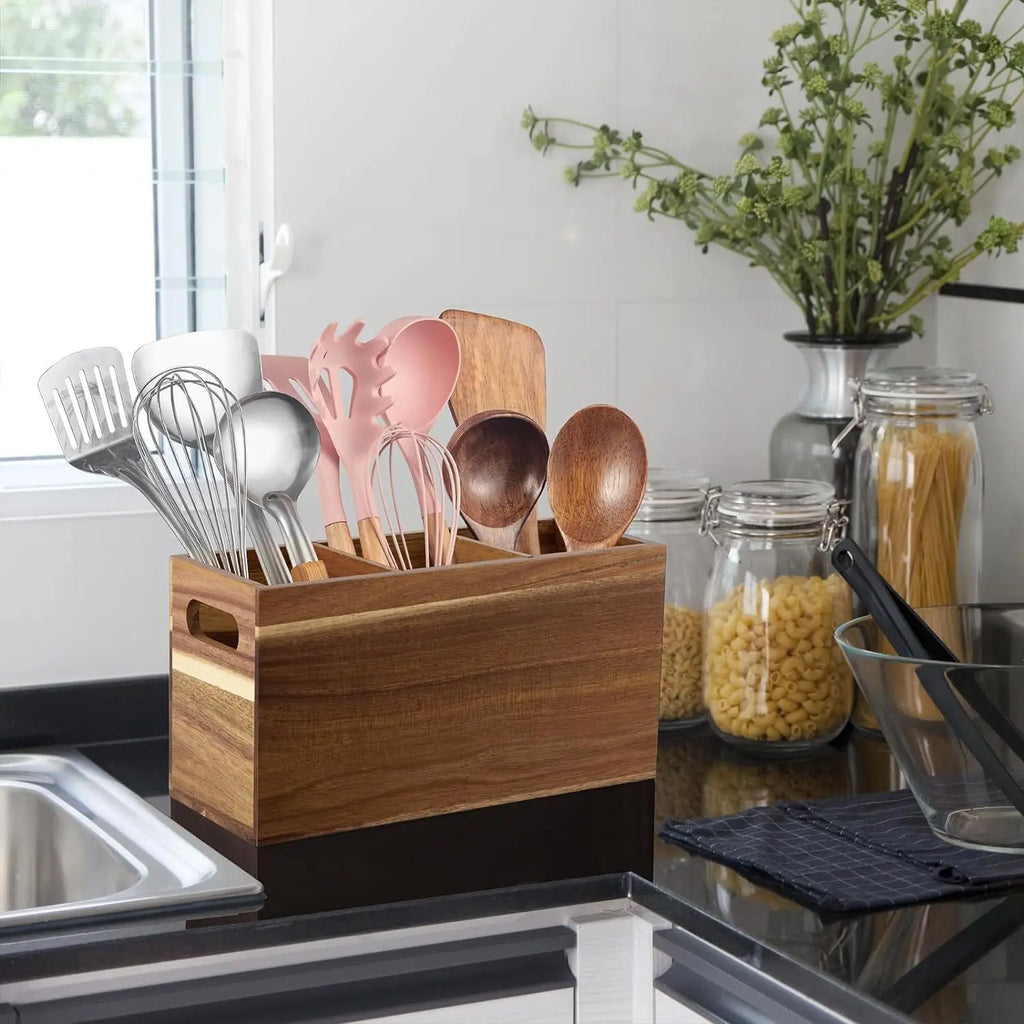 Wooden Utensil & Cutlery Countertop Organizer | 3 Adjustable Compartments