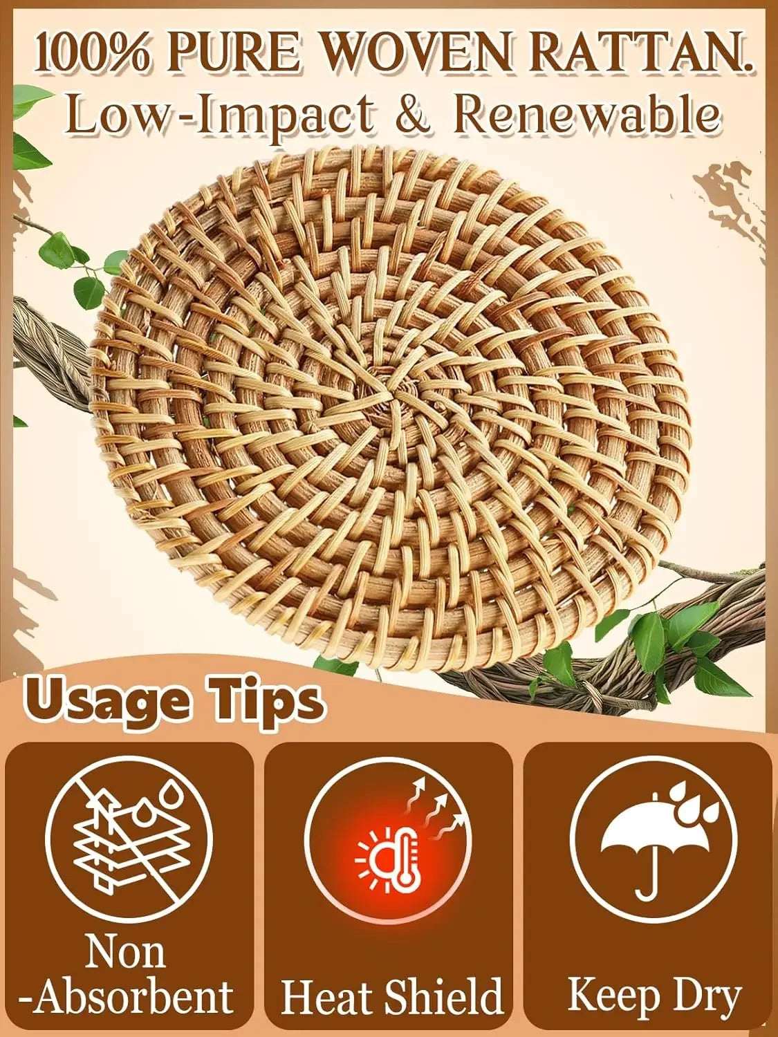 Handwoven Rattan Coasters, Set of 6