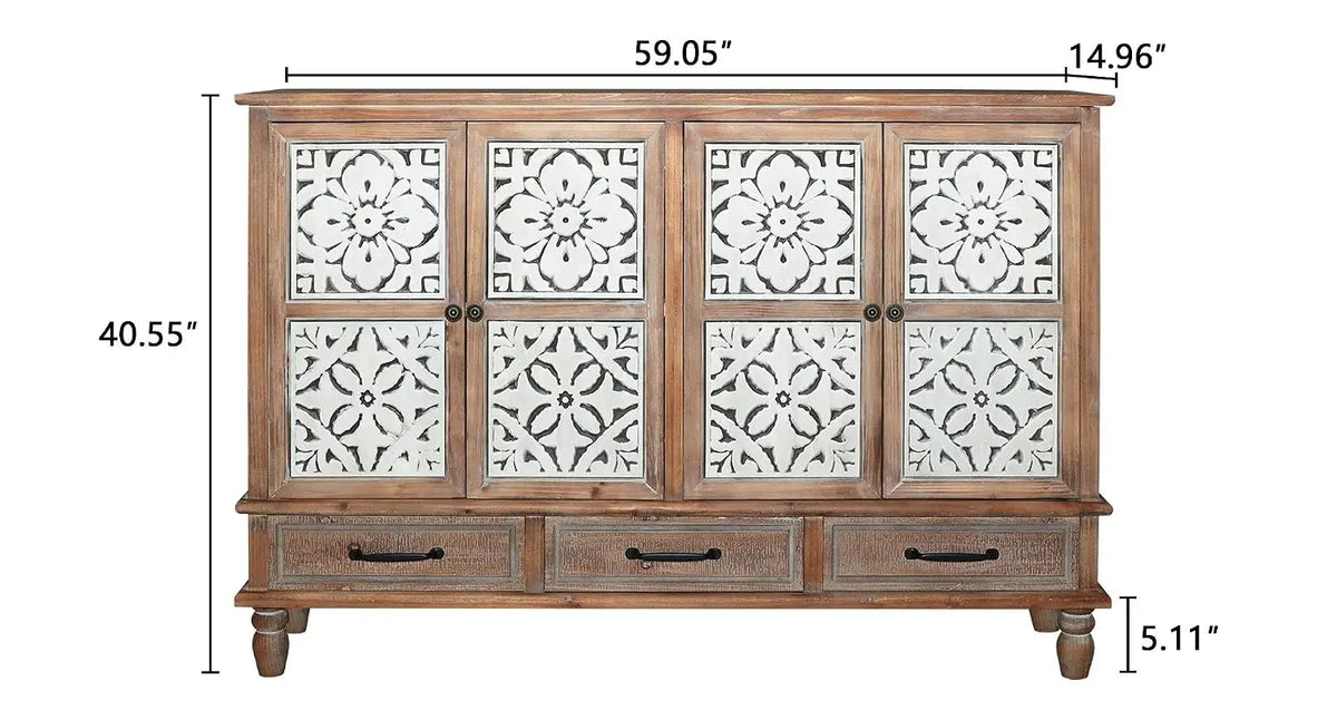 Farmhouse Storage Cabinet & Sideboard with Carved Doors & Shelves