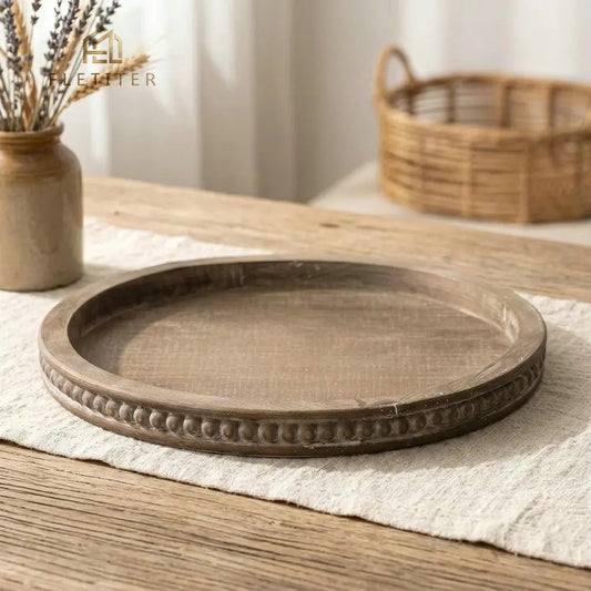 Rustic Farmhouse Wooden Serving Tray with Bead Edge | Tea, Candles & Décor