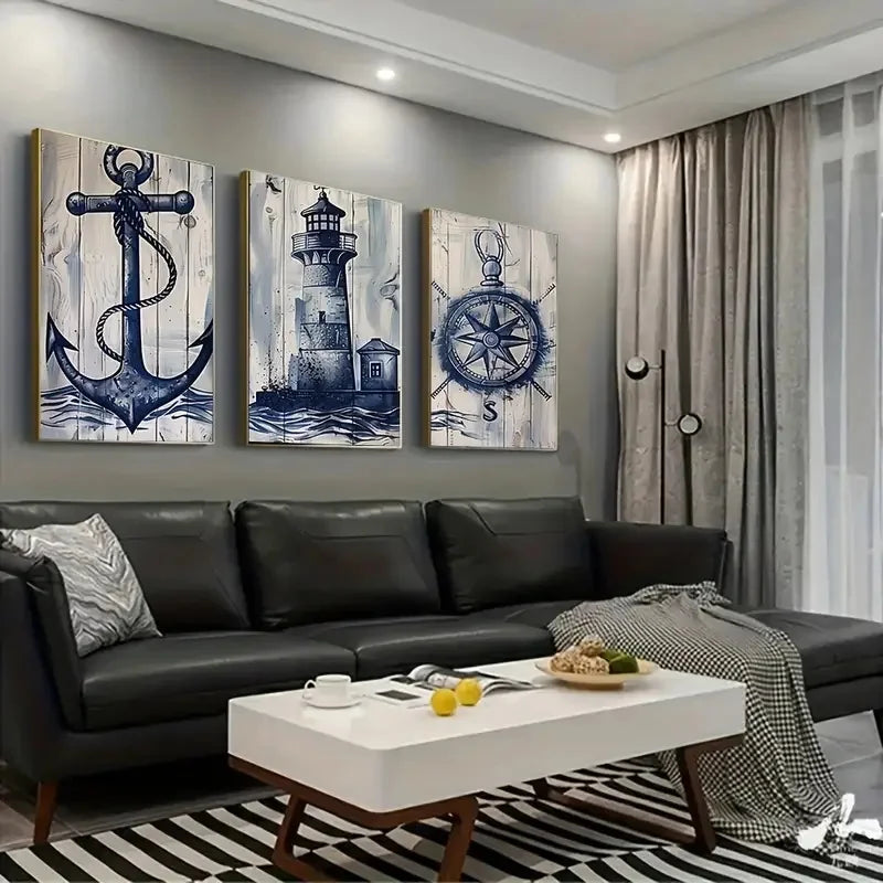 Lighthouse, Anchor & Compass Canvas Wall Art Set