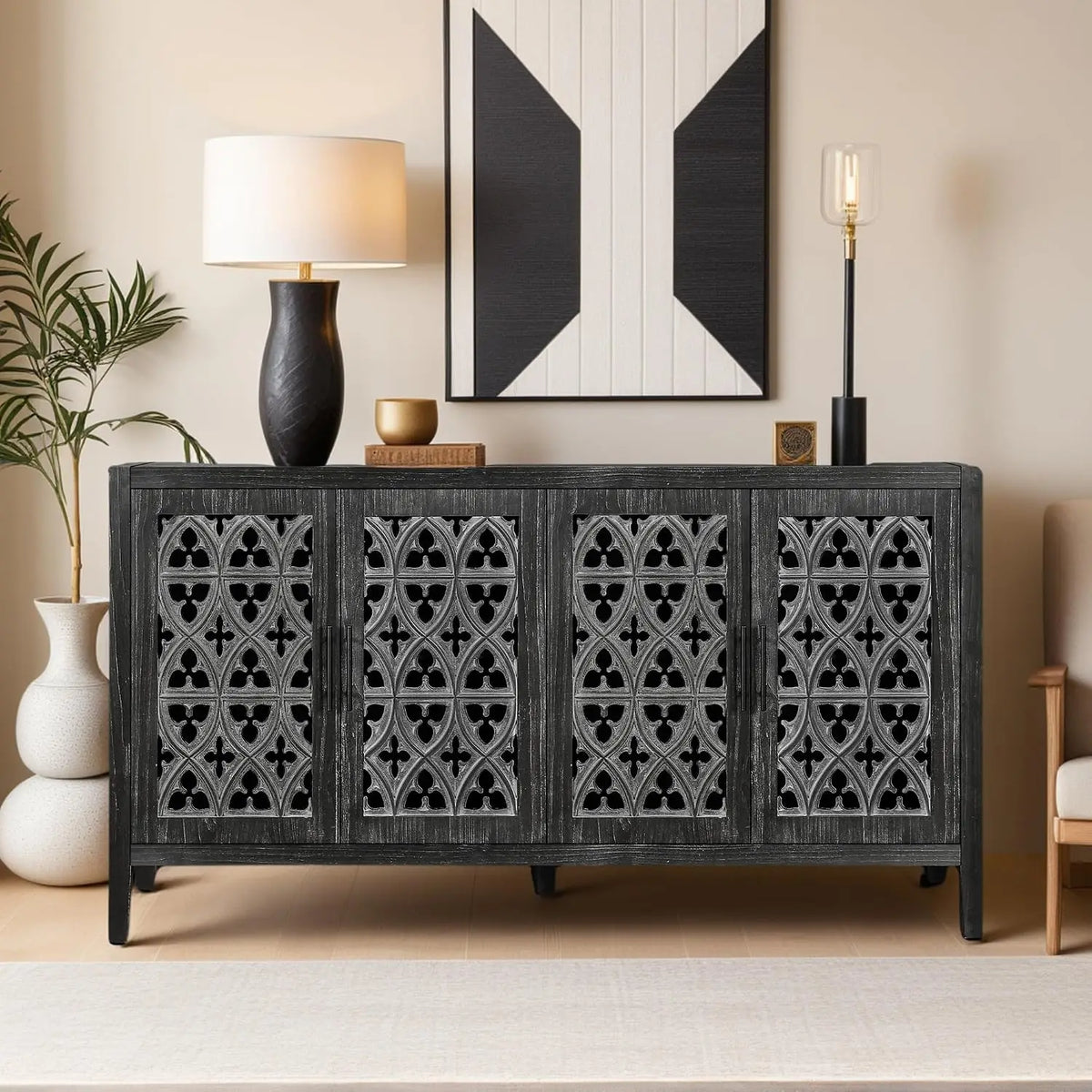 Farmhouse Storage Cabinet & Sideboard with Carved Doors & Shelves