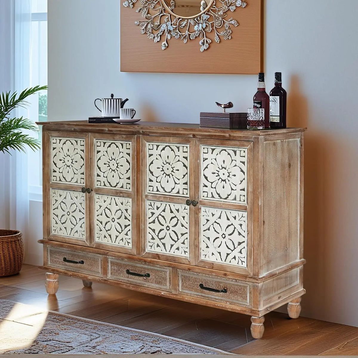 Farmhouse Storage Cabinet & Sideboard with Carved Doors & Shelves