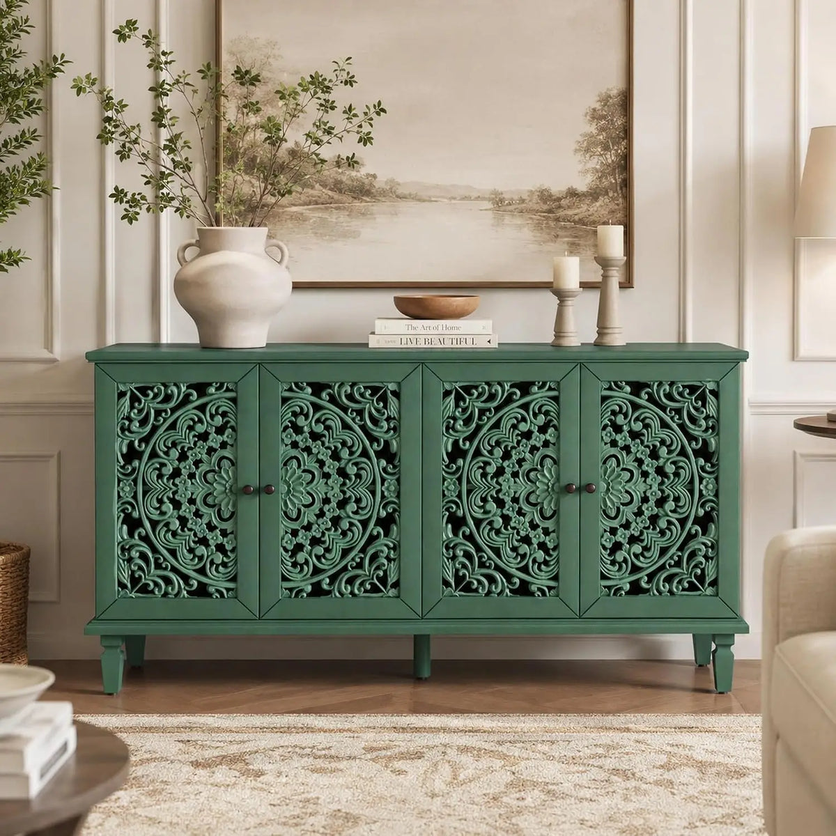 Farmhouse Storage Cabinet & Sideboard with Carved Doors & Shelves