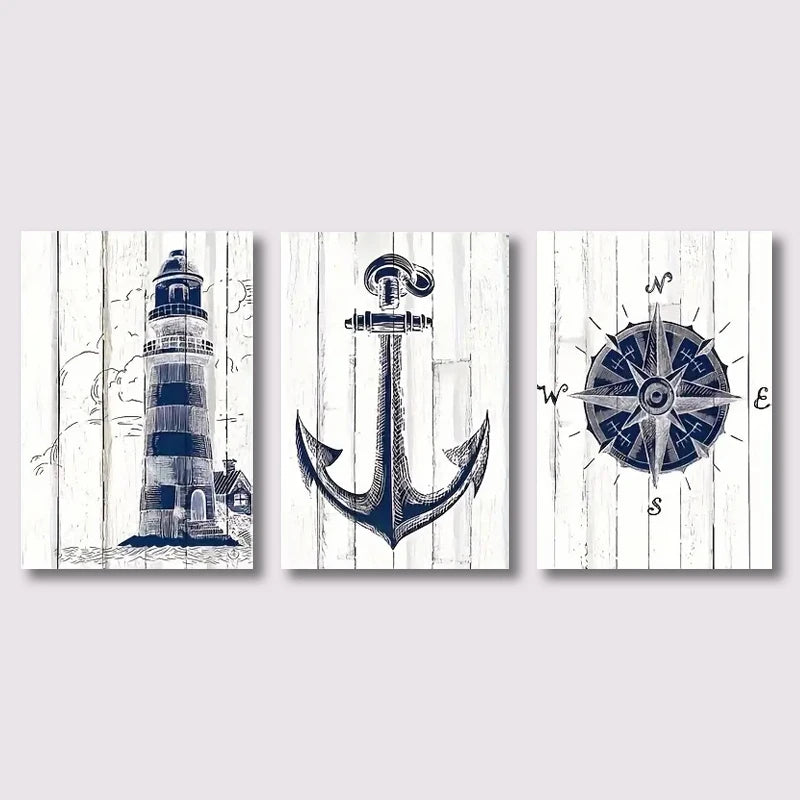 Lighthouse, Anchor & Compass Canvas Wall Art Set