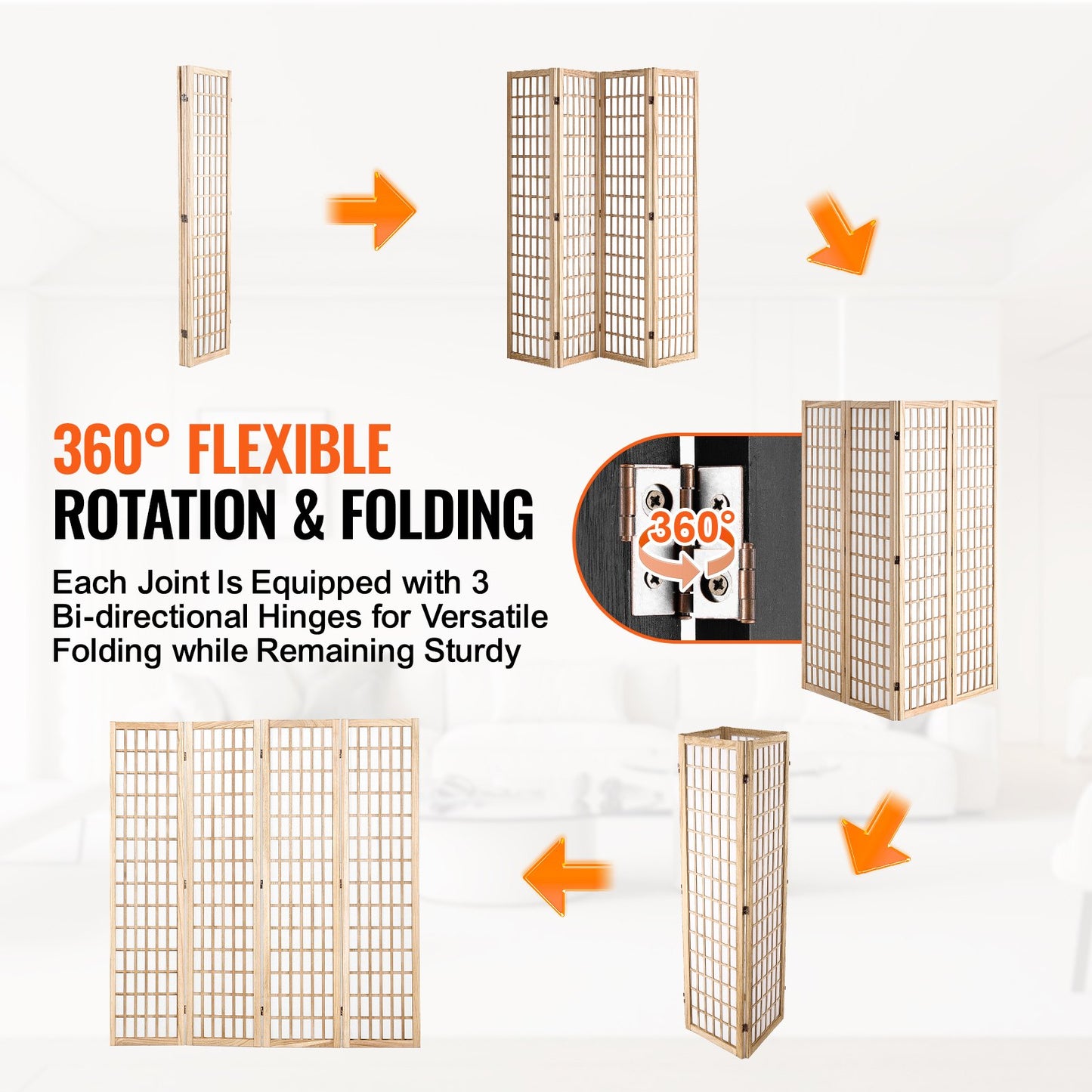 Room Divider, 4 Panel Japanese Room Divider, Folding Privacy Screen