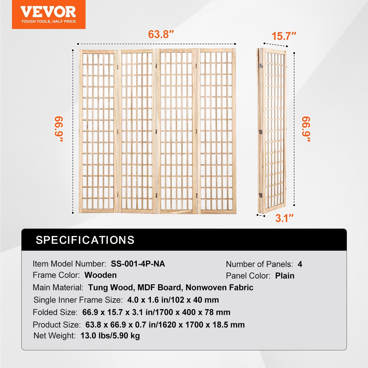 Room Divider, 4 Panel Japanese Room Divider, Folding Privacy Screen