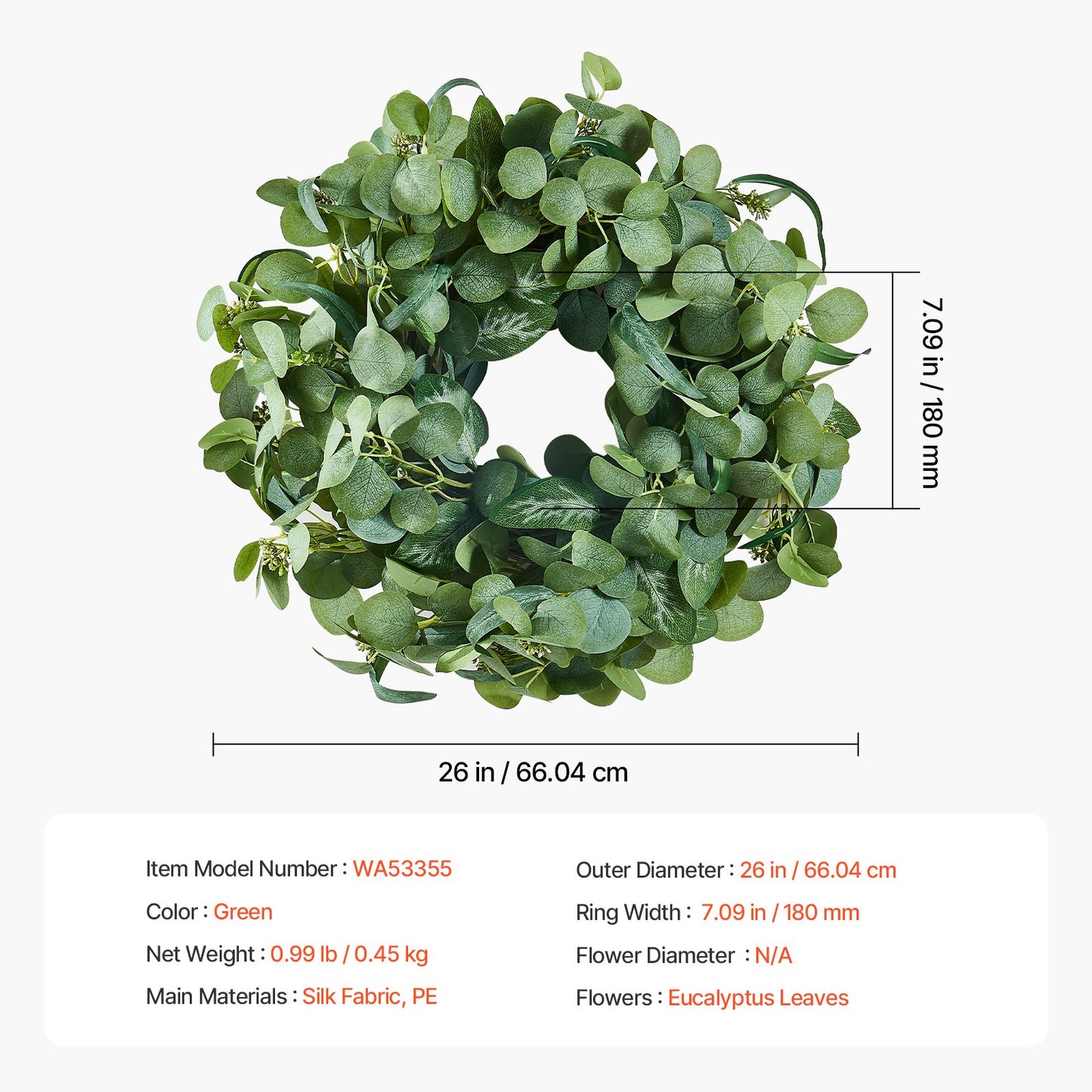 Artificial Decorative Wreath, 26 in, Green, Decorated with Eucalyptus